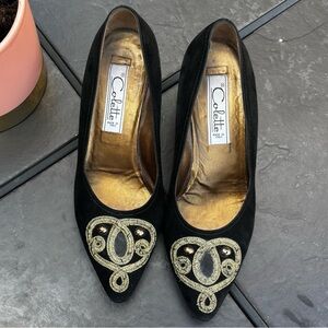 Vintage Colette Italian Black Gold Suede Leather Heels Shoes Eur 38 1/2 US 7.5/8